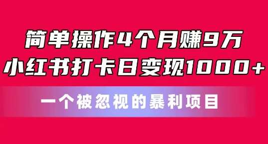 简单操作4个月赚9w，小红书打卡日变现1k，一个被忽视的暴力项目【揭秘】-领学通