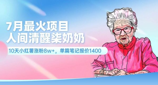 （11861期）7月最火项目，人间清醒柒奶奶，10天小红薯涨粉8w+，单篇笔记报价1400.-领学通