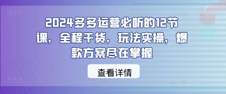 2024多多运营必听的12节课，全程干货，玩法实操，爆款方案尽在掌握-领学通