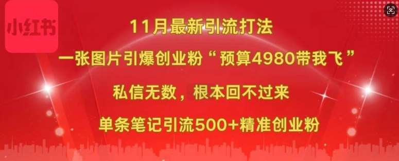 小红书11月最新图片打粉，一张图片引爆创业粉，“预算4980带我飞”，单条引流500+精准创业粉-领学通