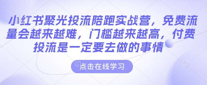 小红书聚光投流陪跑实战营，免费流量会越来越难，门槛越来越高，付费投流是一定要去做的事情-领学通