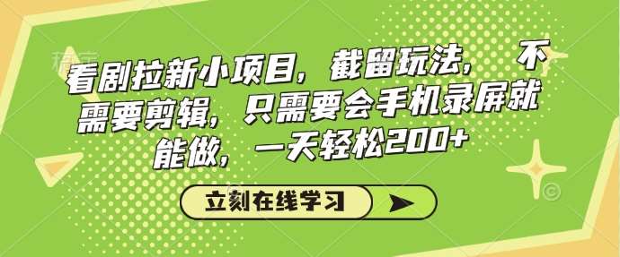 看剧拉新小项目，截留玩法， 不需要剪辑，只需要会手机录屏就能做，一天轻松200+-领学通