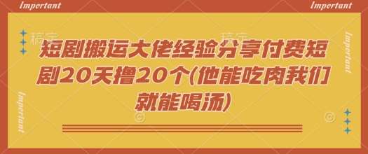 短剧搬运大佬经验分享付费短剧20天撸20个(他能吃肉我们就能喝汤)-领学通