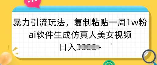 暴力引流玩法，复制粘贴一周1w粉，ai软件生成仿真人美女视频，日入多张-领学通