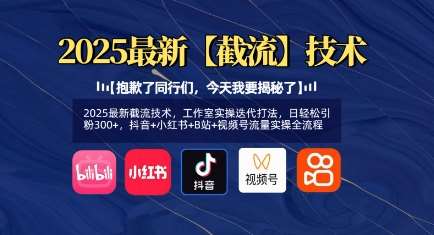 2025最新截流技术，工作室实操迭代打法，日轻松引粉300+，抖音+小红书+B站+视频号流量实操全流程-领学通