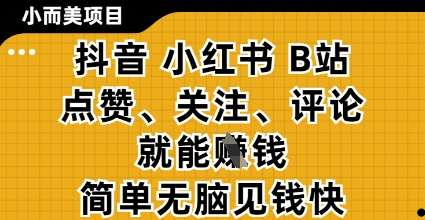 小而美的项目，抖音小红书B站视频点赞、关注、评论就能挣钱，简单无脑立见收益，妥妥的零撸项目【揭秘】-领学通