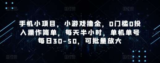 手机小项目，小游戏撸金，0门槛0投入操作简单，每天半小时，单机单号每日30-50，可批量放大-领学通