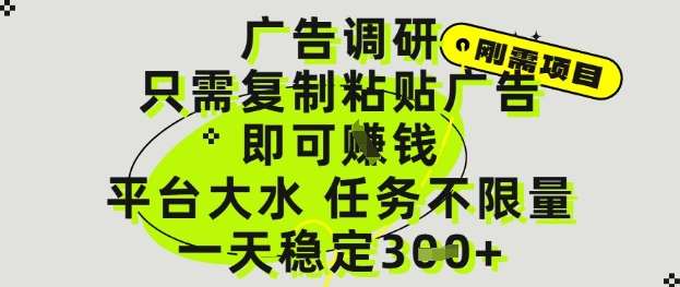 广告调研项目，只需复制粘贴广告即可挣钱，平台大水，任务不限量，一天3张【揭秘】-领学通