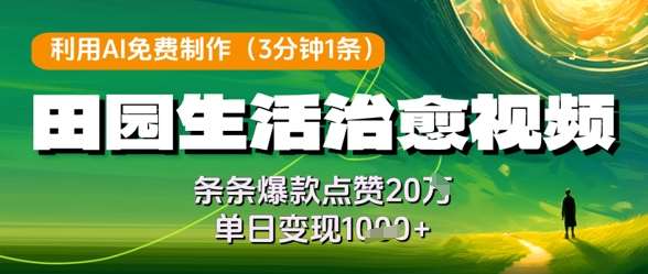 利用AI免费制作田园生活治愈视频，条条爆款点赞20W，单日变现几张-领学通