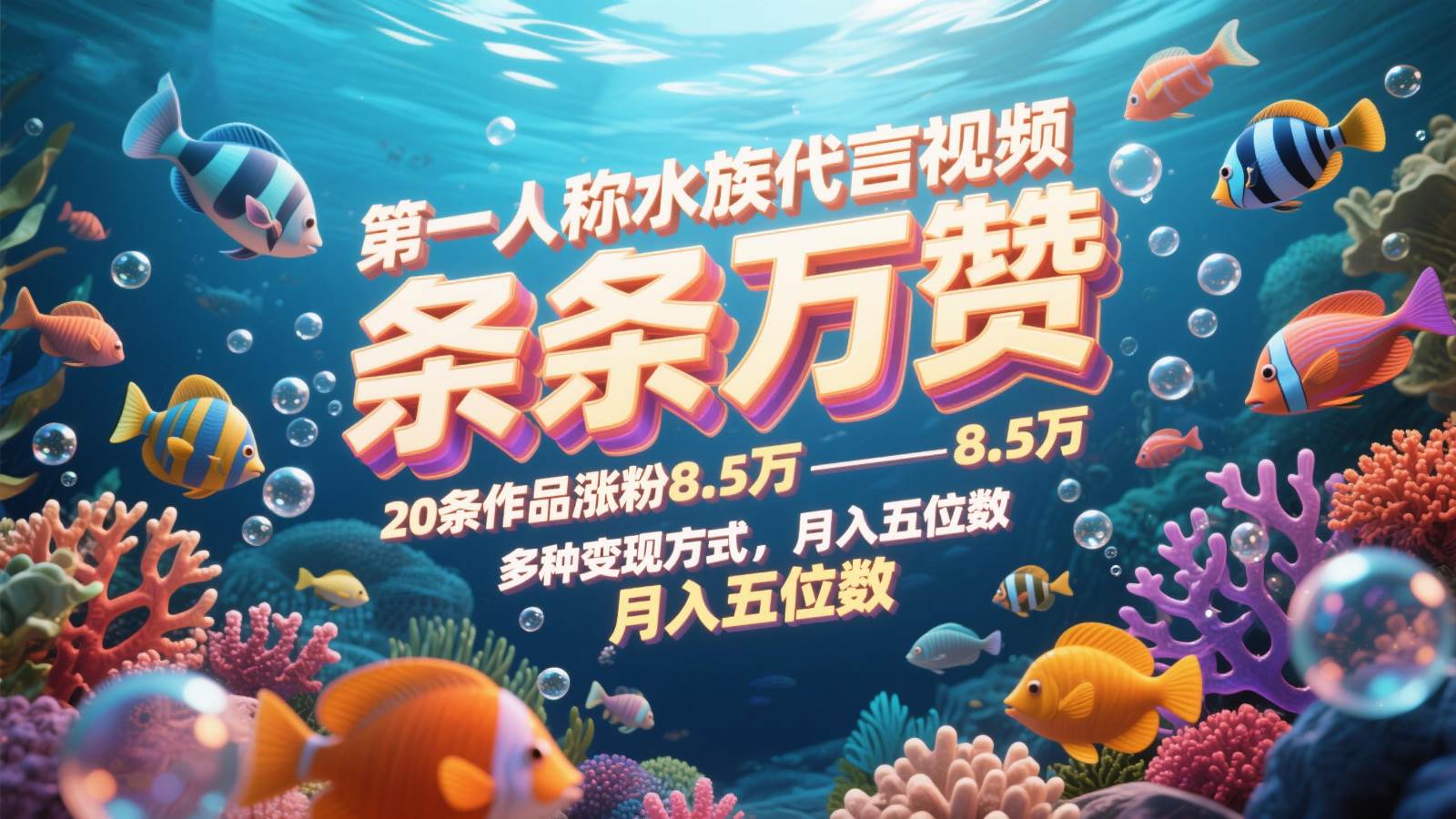 第一人称水族代言视频，条条万赞，20条作品涨粉8.5万，多种变现方式月，入五位数-领学通