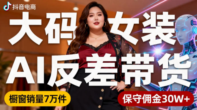 抖音小众赛道,大码女装AI反差带货,不用直播,每天6条作品,橱窗卖7万件,保守佣金30W+-领学通