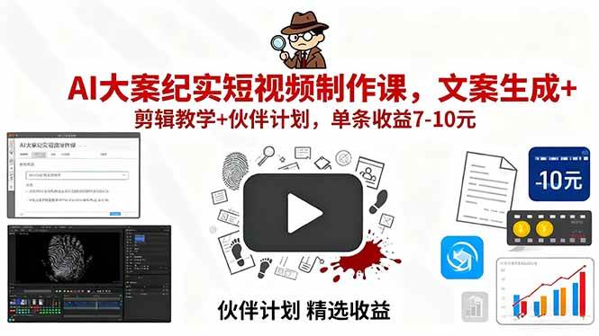（15992期）AI大案纪实短视频制作课，文案生成+剪辑教学+伙伴计划，单条收益7-10元-领学通