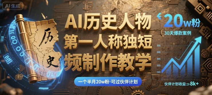 最新AI历史人物第一人称独白短视频制作教学，一个半月20w粉，可过伙伴计划-领学通