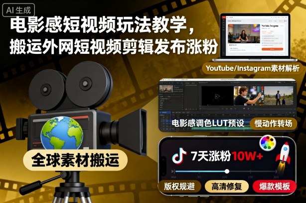 电影感短视频玩法教学,搬运外网短视频剪辑发布涨粉-领学通