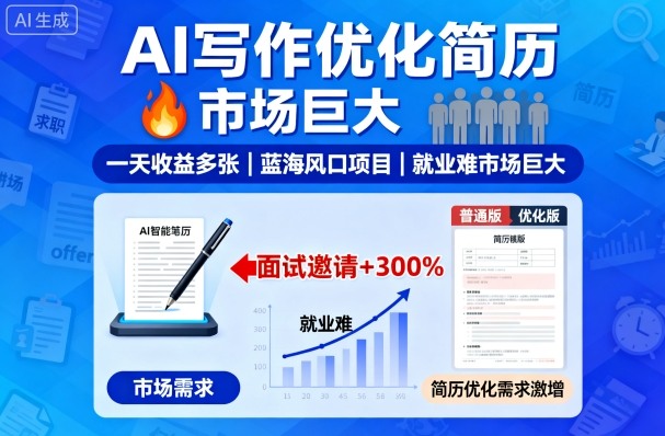 AI写作优化简历，一天收益多张，蓝海风口项目，就业难市场巨大-领学通