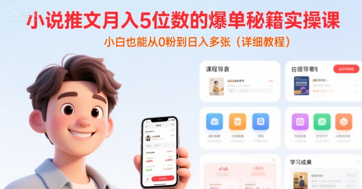 小说推文月入5位数的爆单秘籍实操课，，小白也能从0粉到日入多张(详细教程)-领学通