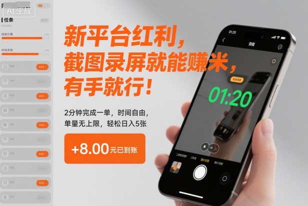 新平台红利,截图录屏就能賺米,有手就行!2分钟完成一单,时间自由,单量无上限,轻松日入5张【揭秘】-领学通