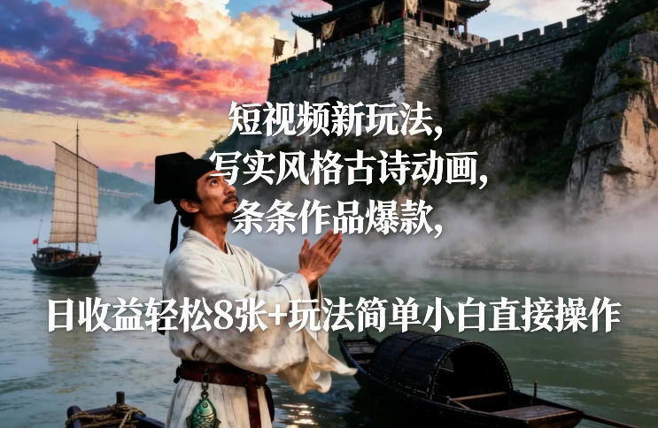 短视频新玩法，写实风格古诗动画，条条作品爆款，日收益轻松8张+玩法简单小白直接操作-领学通
