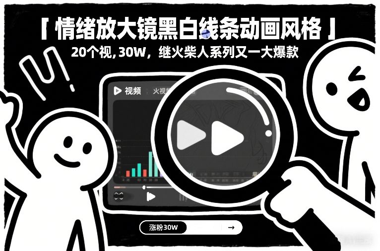 情绪放大镜黑白线条动画风格,20个视频,涨粉30W,继火柴人系列又一大爆款-领学通