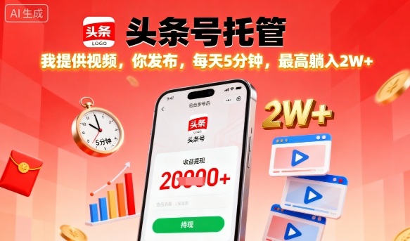 【头条号托管】我提供视频，你发布，每天5分钟，最高躺入2W+【揭秘】-领学通