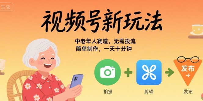 视频号新玩法，中老年人赛道，无需投流，简单制作，一天十分钟，月入1W-领学通