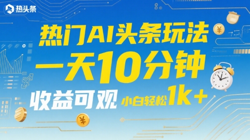 热门AI头条玩法，一天10分钟，收益可观，小白轻松日入1k+【揭秘】-领学通