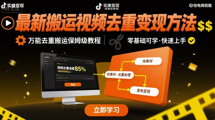 最新搬运视频去重变现方法，万能去重搬运保姆级教程-领学通