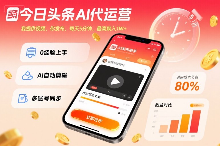 今日头条AI代运营,我提供视频,你发布,每天5分钟,最高躺入1W+【揭秘】-领学通