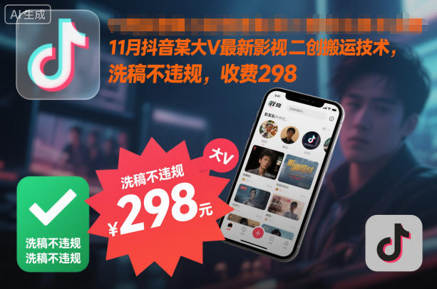11月抖音某大V最新影视二创搬运技术,洗稿不违规,收费298-领学通