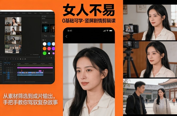 0基础可学！《女人不易》竖屏剧情剪辑课，从素材筛选到成片输出，手把手教你驾驭复杂故事-领学通