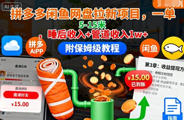 拼多多闲鱼网盘拉新项目,一单5-15米,睡后收入+管道收入1w+(附保姆级教程)-领学通