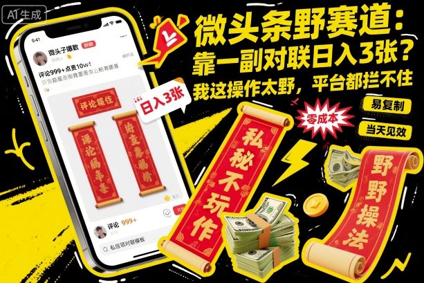 微头条野赛道,靠一副对联日入3张?我这操作太野,平台都拦不住!-领学通