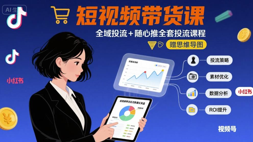 最新短视频带货课，全域投流+随心推全套投流课程+思维导图-领学通