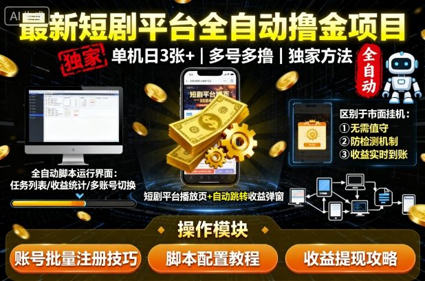 最新短剧平台全自动挂G撸金项目，单机一天3张+，多号多撸，区别于市面所有挂机项目，独家方法【揭秘】-领学通