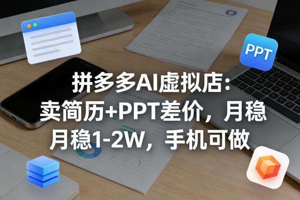 【暴力项目】拼多多AI虚拟店：卖简历+PPT差价，月稳1-2W，手机可做-领学通