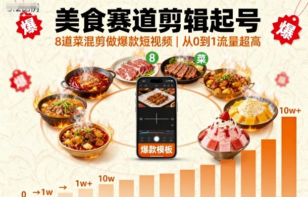 美食赛道剪辑起号，8道菜混剪做爆款短视频，从0到1，流量超高-领学通