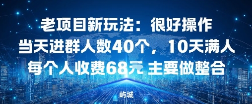 老项目新玩法：很好操作当天进群人数40个，10天满人每个人收费68米 主要做整合-领学通