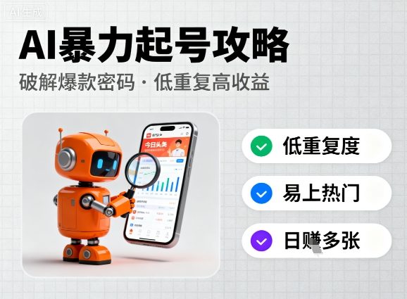 今日头条新玩法，AI暴力起号，重复度低，更容易爆，日入多张-领学通