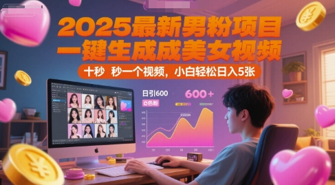 2025最新男粉项目，一键生成美女视频，日引600+色粉 十秒一个视频，小白轻松日入5张【揭秘】-领学通