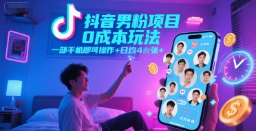 抖音男粉项目0成本玩法，一部手机即可操作，日均4张+，时间自由-领学通
