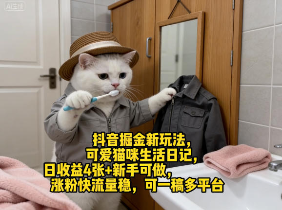 抖音掘金新玩法，可爱猫咪生活日记，日收益4张+新手可做，涨粉快流量稳，可一稿多平台-领学通