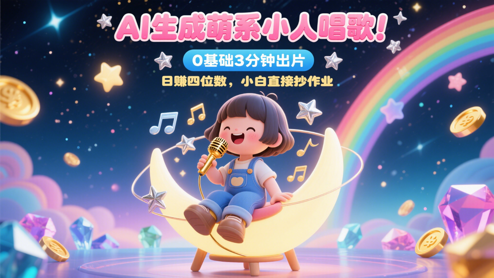 AI生成萌系小人唱歌！0基础3分钟出片，28个作品涨粉9万，日赚四位数，小白直接抄作业-领学通