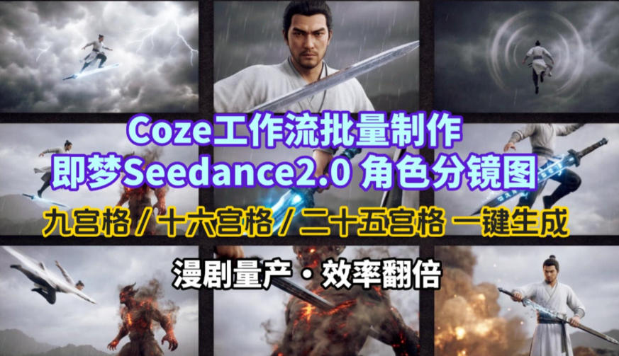 Coze工作流批量制作即梦Seedance2.0角色分镜图,九宫格-十六宫格-二十五宫格一键生成,漫剧量产,效率翻倍