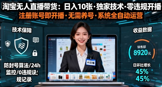 【最新】淘宝无人直播带货,日入10张,独家技术,无违规无封号,注册账号直接开播,不用养号【揭秘】-领学通