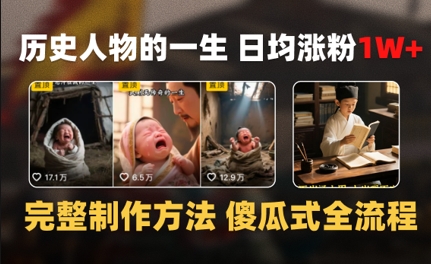 历史人物的一生 日均涨粉1W+，完整制作方法 傻瓜式全流程-领学通