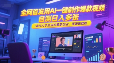 全网首发用AI一键制作爆款视频，自测日入多张，适合大学生宝妈兼职创业，保姆级教程-领学通