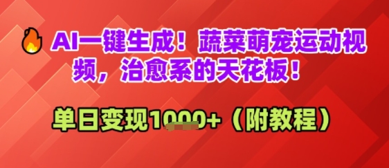 AI一键生成！蔬菜萌宠运动视频，治愈系的天花板！单日变现多张-领学通