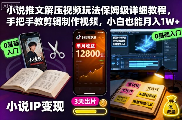 小说推文解压视频玩法保姆级详细教程,手把手教剪辑制作视频,小白也能月入1W+-领学通