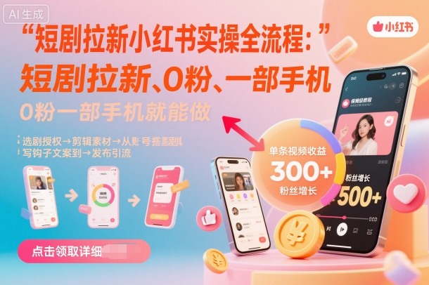 短剧拉新小红书实操全流程,0粉一部手机就可以做,详细教程-领学通