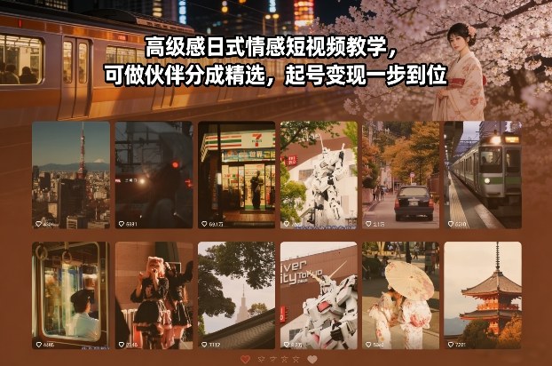 高级感日式情感短视频教学，可做伙伴分成精选，起号变现一步到位-领学通